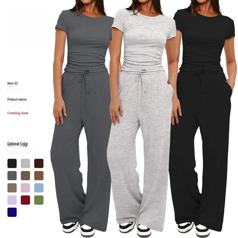 Women's Summer Solid Loose Casual Tracksuit Two Piece Set O Neck Short Sleeve T Shirt Wide Leg Pants Sportswear