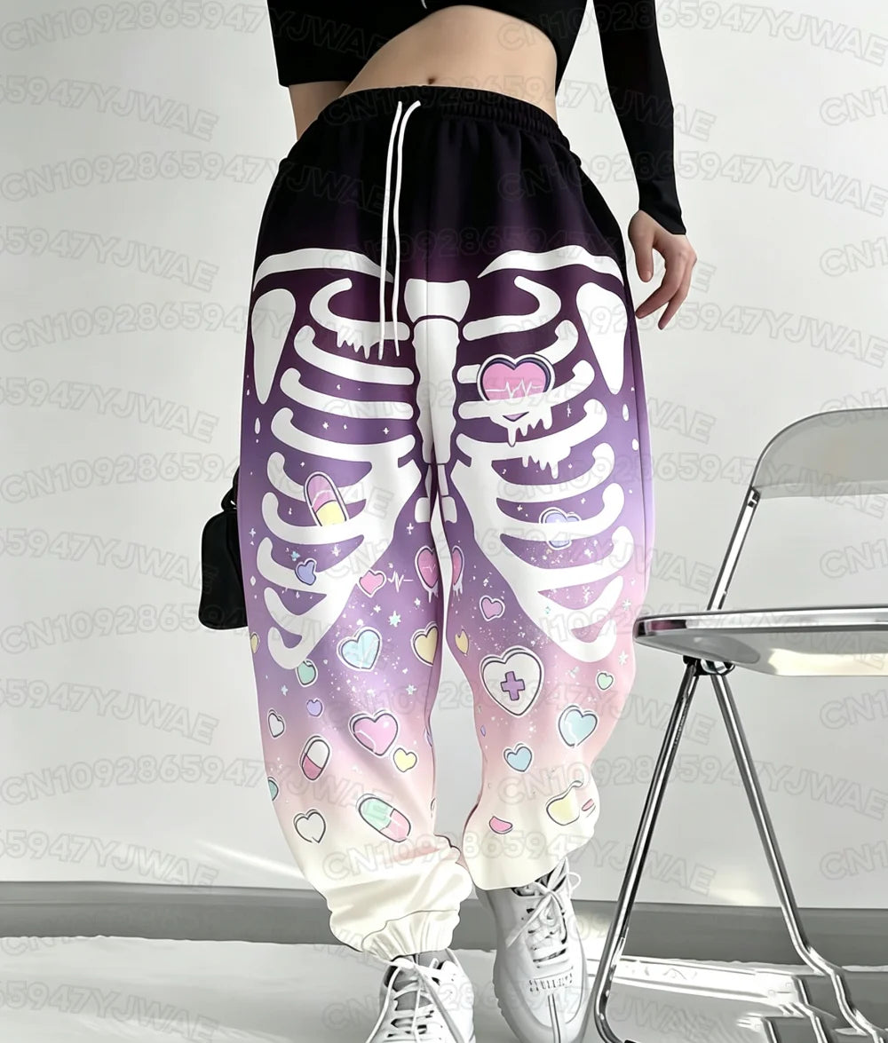 Spring and Autumn Women's Men's Skull Print Street Style Gothic Hip Hop Yami Kawaii Y2K Casual Long Jogger Pants