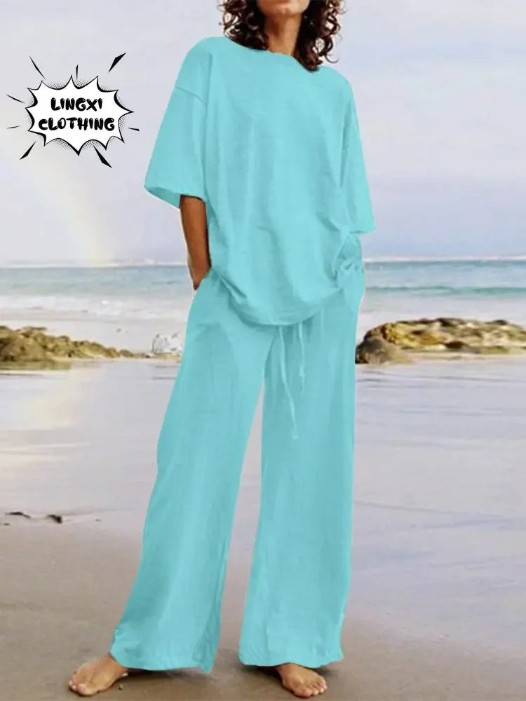 Fashion Women's 2-piece Set 2024 Summer Casual Pocket Set Half Sleeve O-Neck Top and Wide Leg Large Outline Pants Set