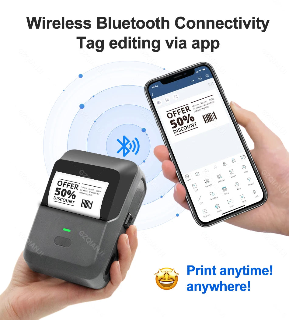 20-50mm Mini Thermal Label Printer 2 inch Barcode Sticker Normal Self-adhesive Paper Printing Pocket Labeling Machine Wireless
