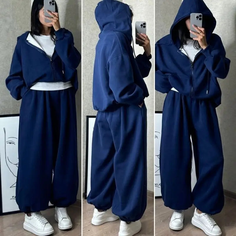 Women's Sports Suit Hooded Sweatshirt Tie Up Pants Two Piece Set Street Style Long Sleeve Solid Color Spring Fashion Outfit