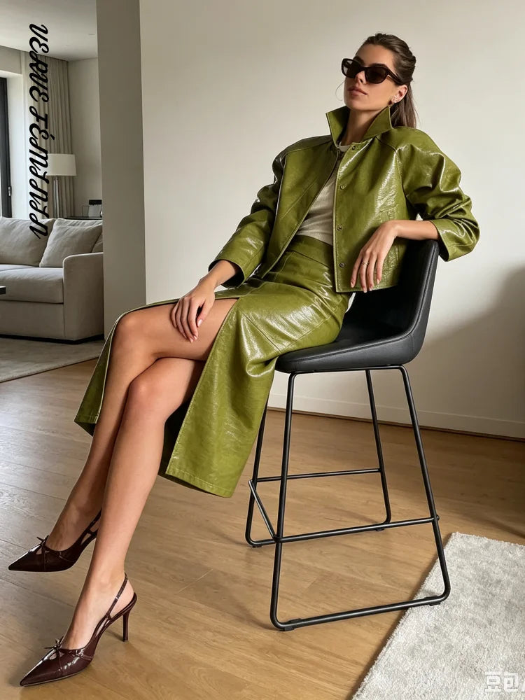 Women's Skirt Sets Crocodile Faux Leather Lapel Long Sleeve Button Oversized Jackets Straight Skirts Autumn Female Loose Outfits