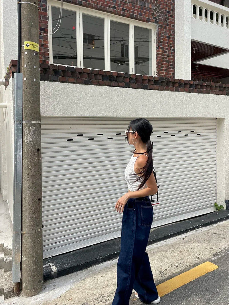 Retro High-waisted Women's Straight Jeans Summer New Fashion Loose Drawstring Design