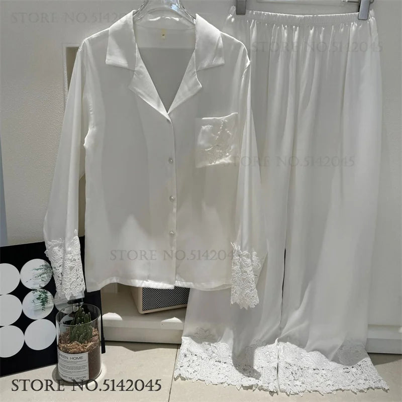 Luxury Women Pajamas Set Night Wear Elegant White Silk Satin Lace Sleepwear Trouser Suit Home Clothes Loose Casual Loungewear