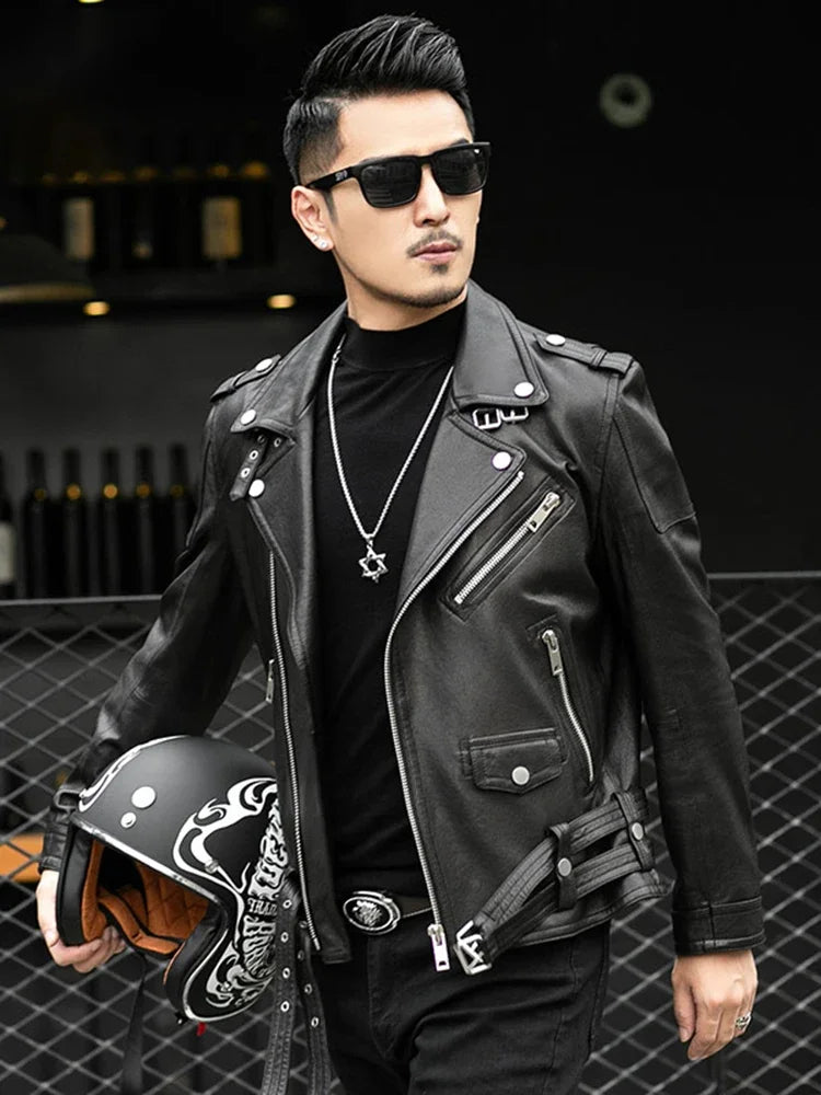 Cool Black Leather Biker Jacket Men Zipper Long Sleeve Belt Plus Size European Fashion brand leather jackets Spring Autumn Short