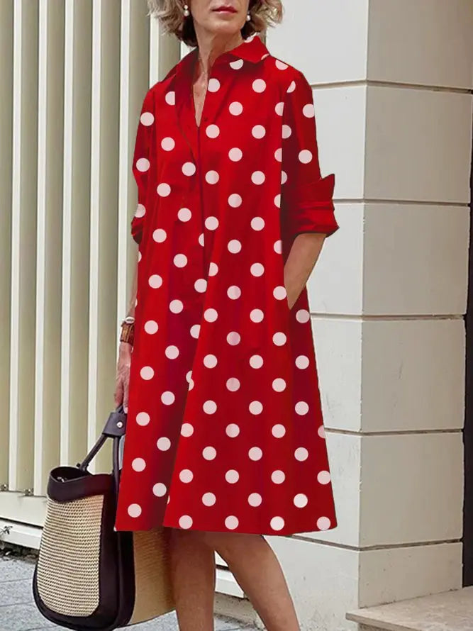 Uoozee Women's Fashion Polka Dot Lapel Shirt Dress 2026 New Spring Long Sleeves Loose Elegant Urban Casual Office Midi Dresses