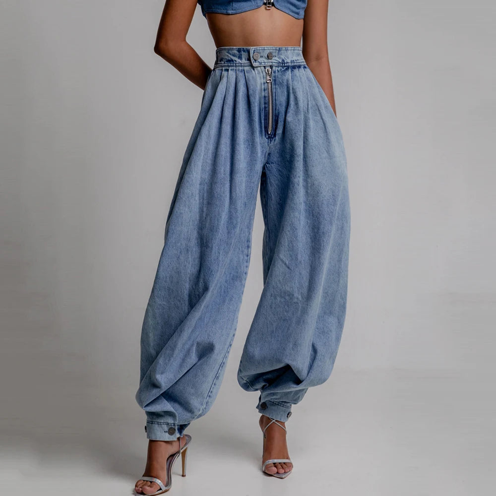 Women's Casual Washed Denim Harem Pants High Waist Zipper Loose Trousers Streetwear Y2K Oversized Vintage Balloon Pants Jeans