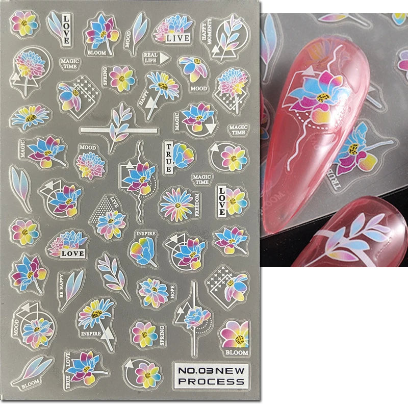 3d Nail Art Ultrathin Decals Blue Pink Blossom Florals Flowers Leaves Nail Stickers Decoration For Nail Tips Beauty