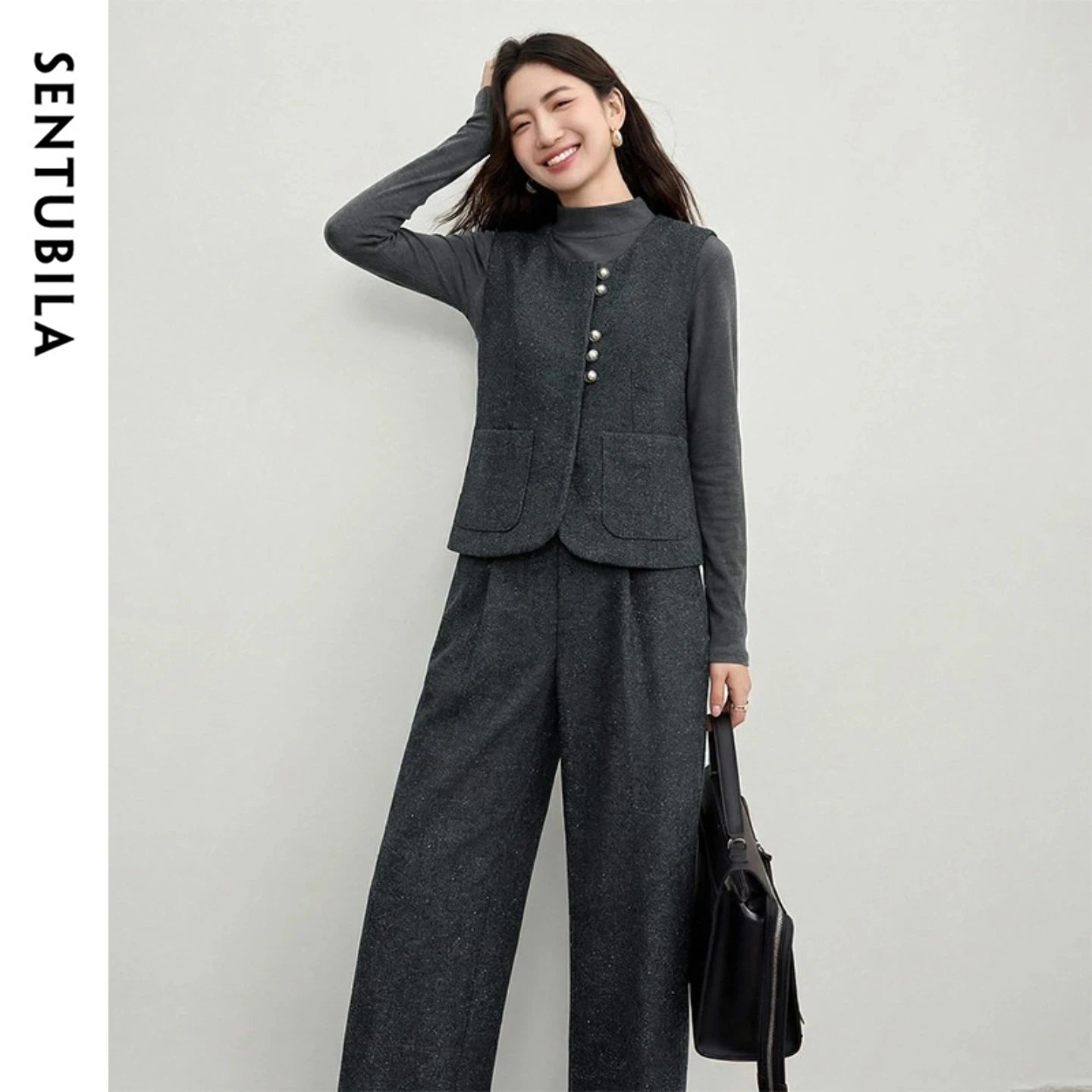 SENTUBILA Women's 2 Piece Pants Set 2026 New O Neck Waistcoat Straight Pant Winter Office Lady Wool Blend Female Suit 154ZA6093