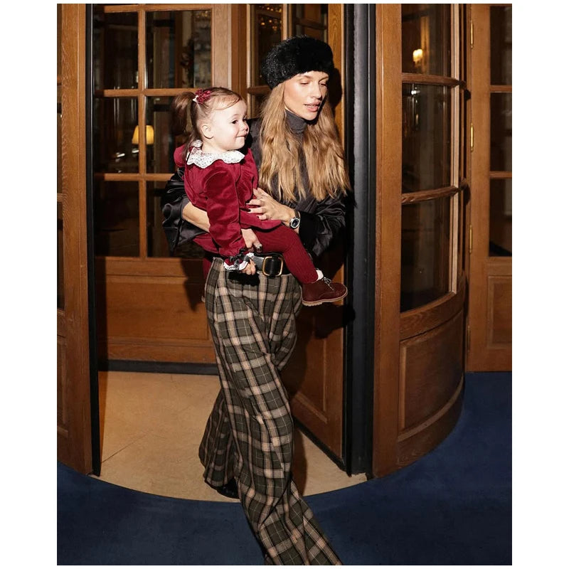 Chic Green Plaid Print Loose Pants Women Casual High Waist Straight Wide Leg Trousers Party Daily Classic Attire 2026 Spring