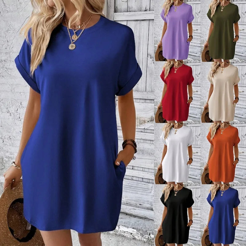 New women's spring and summer fashionable temperament casual commuting solid color round neck loose short sleeved pocket dress