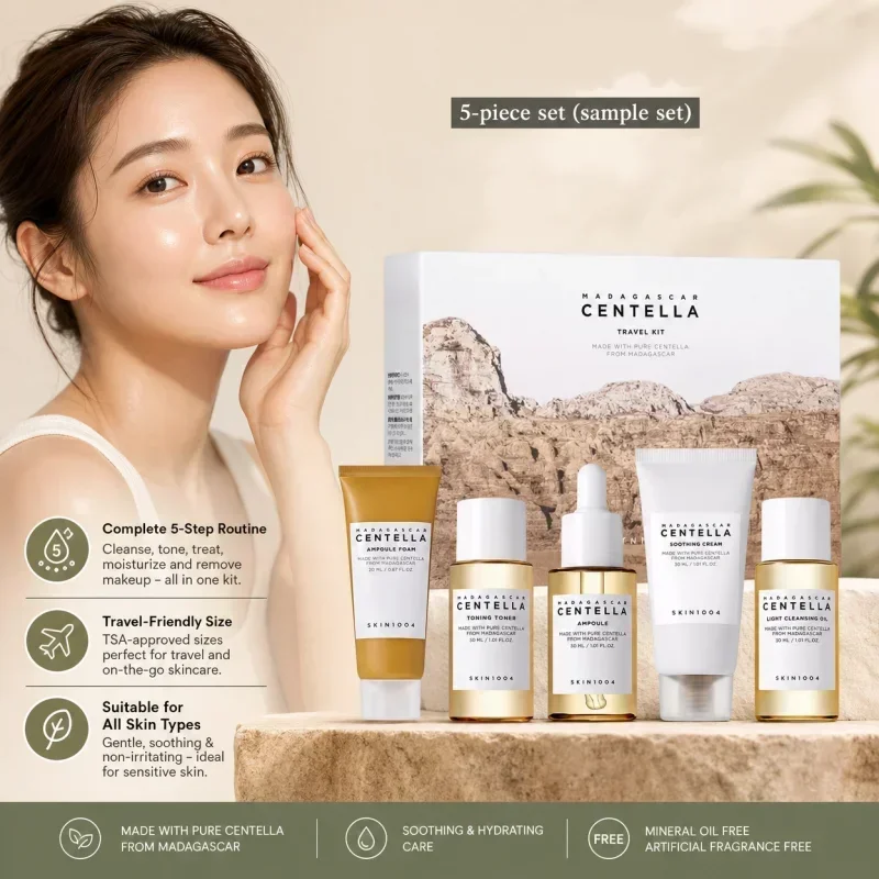 Korean Centella Travel Kit,Toner, Ampoule,Soothing Cream,Ampoule Foam,Cleansing Oil Daily Skincare Mini 5pcs Trial Kit Box Gifts