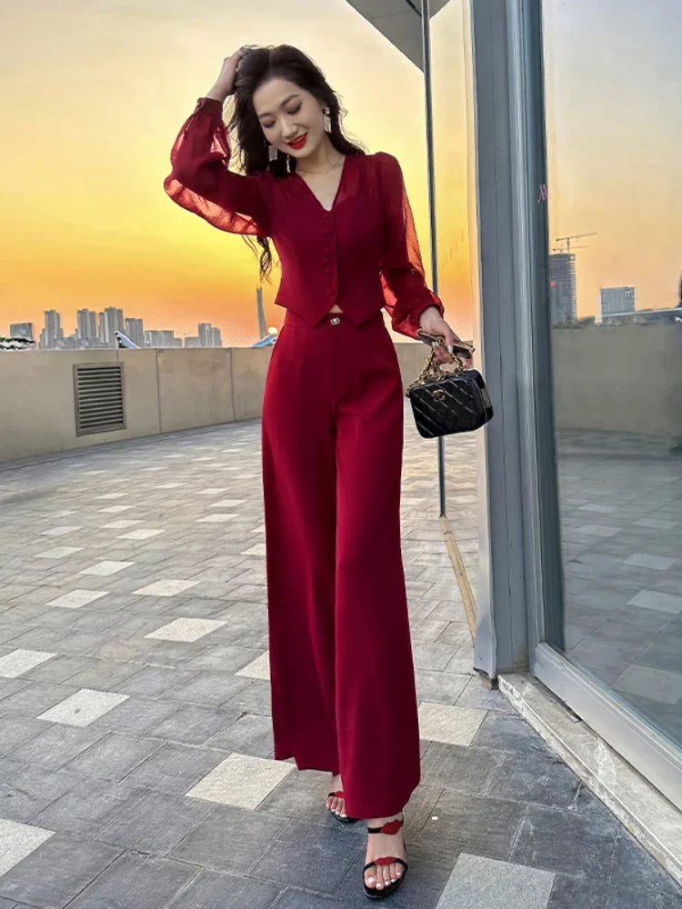 Women Pant Sets for 2 Pieces Red Sexy Holiday Outfits Trousers Woman Spring Autumn Shirt Blouse and Clothing Sales Luxury Full D