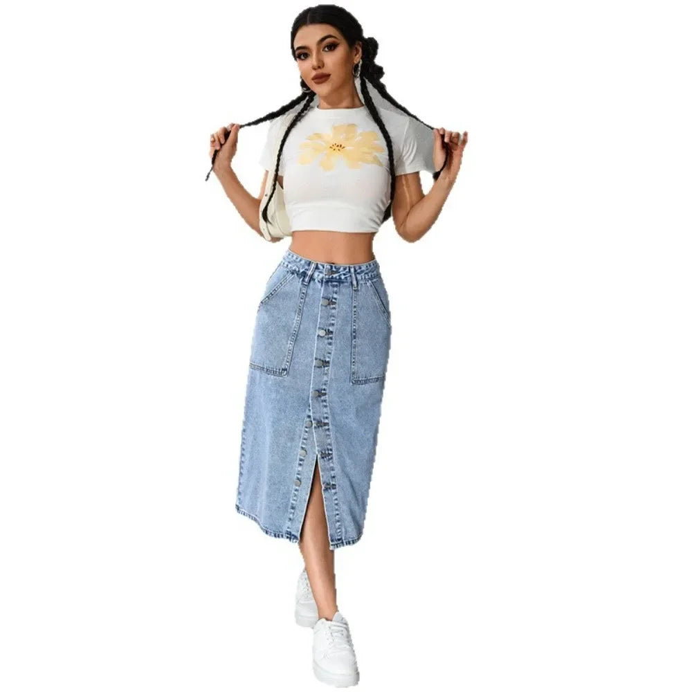 Women High Waist Stretchy Denim Pencil Skirt Midi Length Knee-Length Slit Bodycon Flattering Casual Daily Streetwear