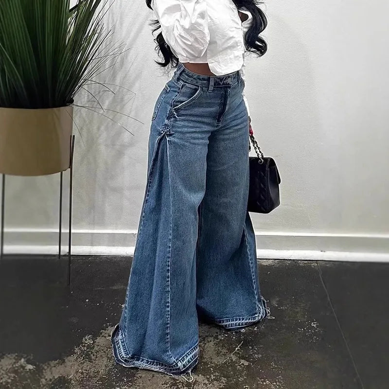 QICHE European American Women Y2K Blue Washed Patchwork Flare Jeans Loose Tassel Floor-Length Wide Leg Denim Pants