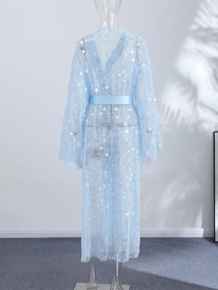 Sequined Hollow Out Long Dress Women Sexy V-neck Full Sleeve Mesh Patchwork Lace Up Cardigan Party Evening Dresses New Beachwear