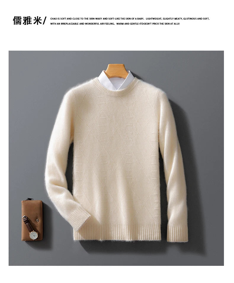 ATTYYWS  100% Merino wool men's pullover O-neck sweater casual knitted solid color autumn and winter men's new wool sweater
