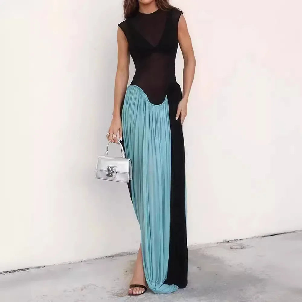 DSMTRC Women Vacation Clothing Vestidos Elegantes Para Mujeres Black Mesh Sheer Patchwork Blue Long Luxury Dress For Summer