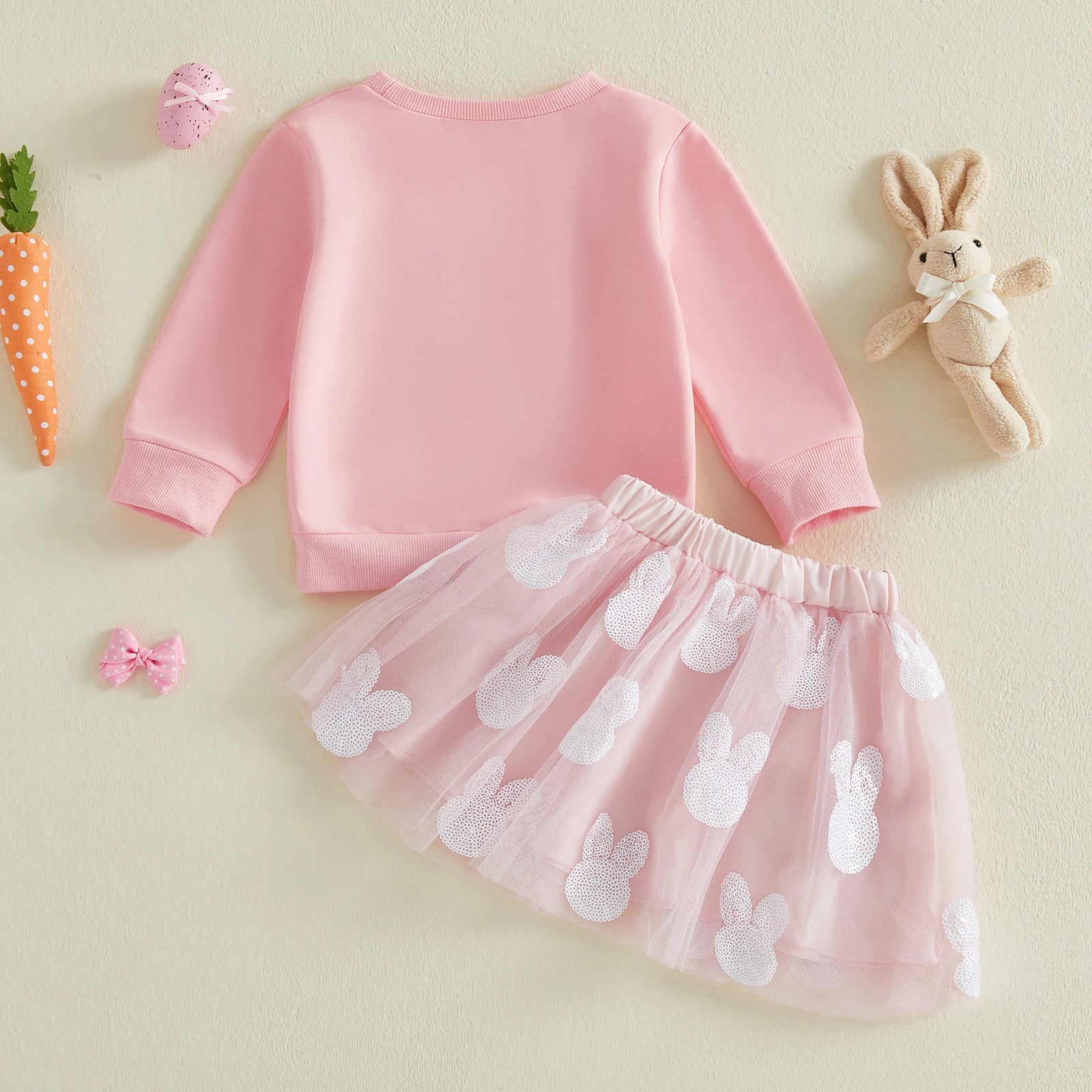 Citgeett Spring Easter Kids Toddler Girls Outfits Long Sleeve Bunny Embroidery Sweatshirt Tulle Skirt Set Clothes
