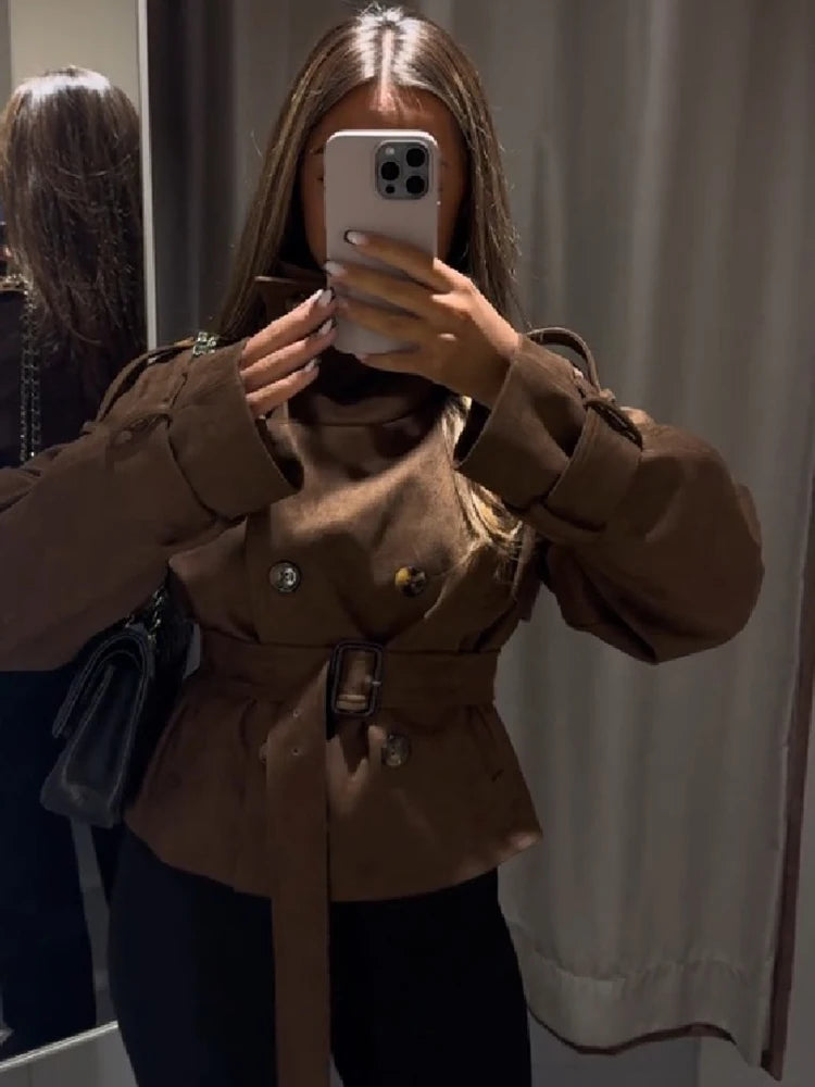 Women Vintage Cropped Coat Stand Collar Waist Slim Belt Double-breasted Jacket 2026 Autumn Winter Commute Office Party Outerwear