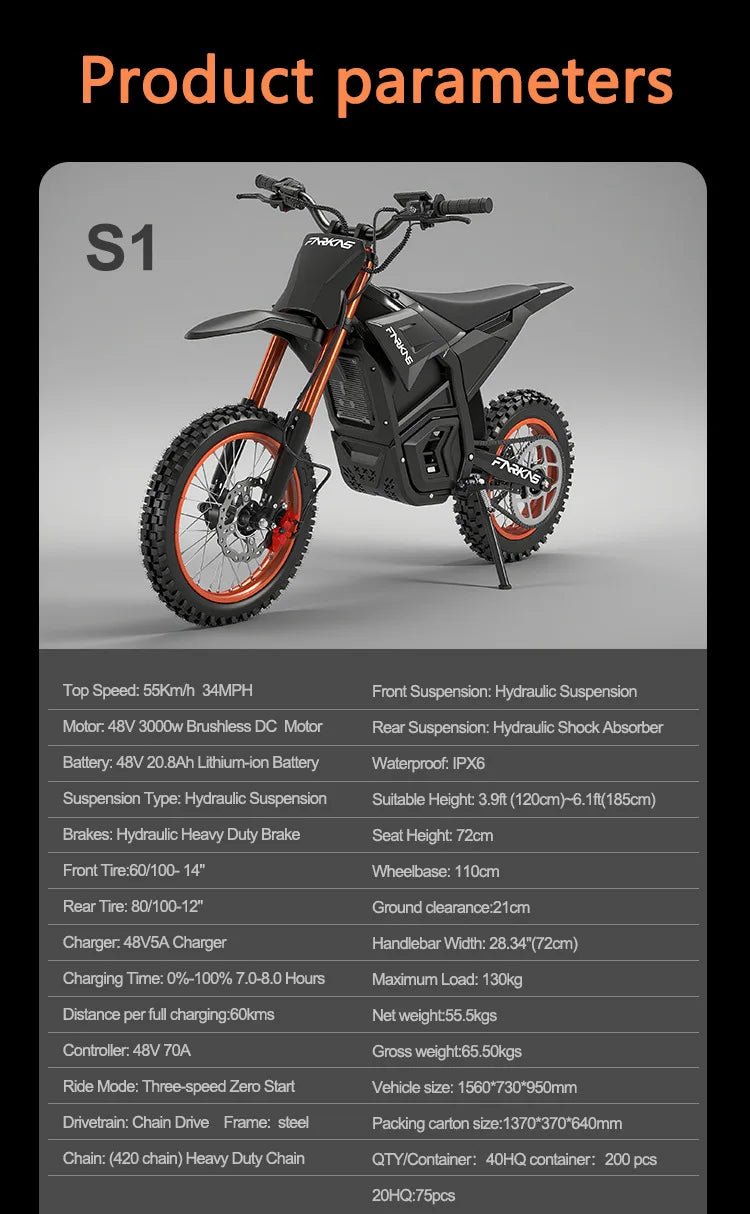 S1 E-Bike Off-Road Electric Bike with 14 Inch Front 12 Inch Rear Tires 3000W 3500W DC Motor 60V 27Ah Battery 130KG Max Load