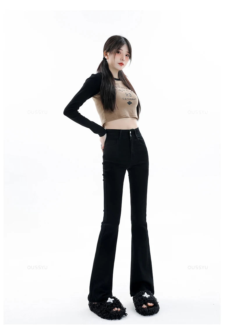 Women Jeans Cotton Denim Flared Pants Elastic Force Vintage Streetwear High Waist Slim Mom Harajuku Trousers Plus Length