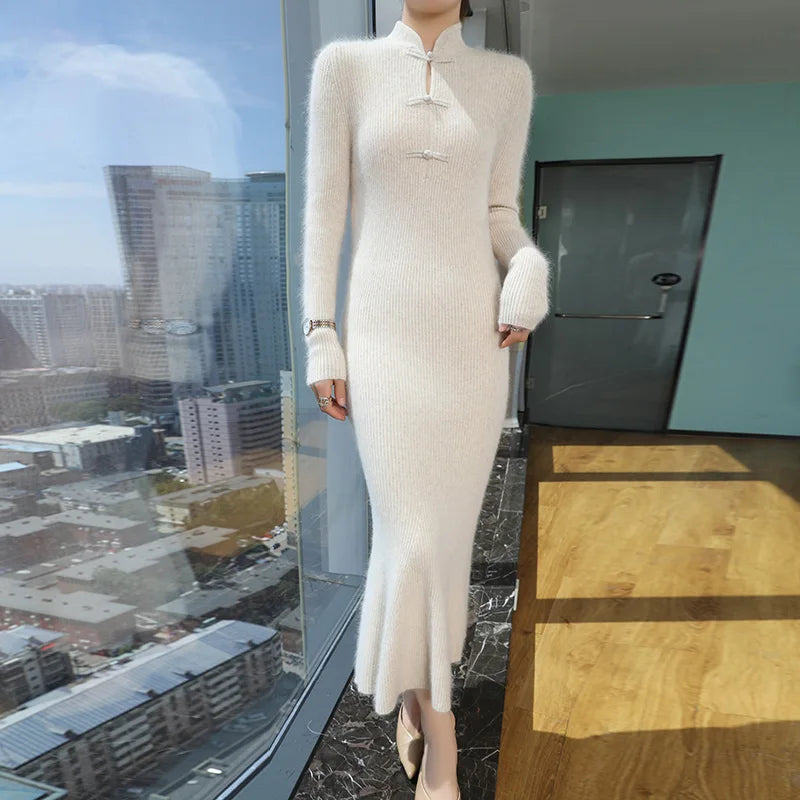 100% Mink Cashmere Knitted Dress Ladies Stand Collar Buckle Long Skirts Retro High Waist Over Knee Slim Dress New Thick Sweater