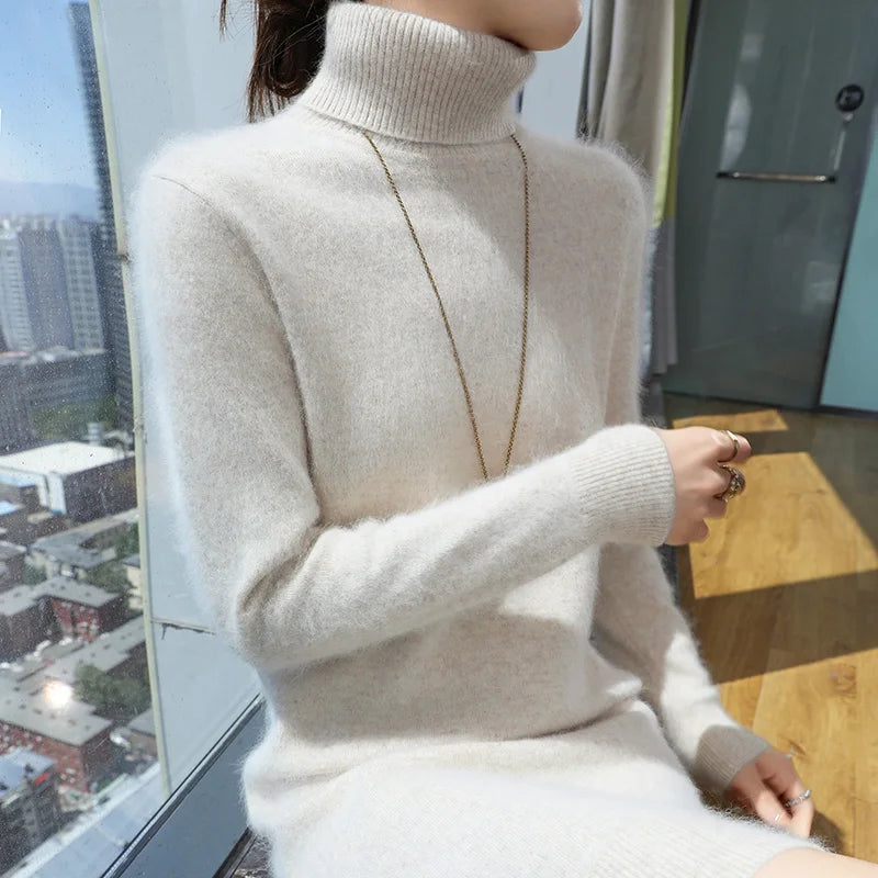 New Hot Selling 100% Mink Cashmere Knitted Women's High Neck Pullover Dress Sweater Slim Fit Solid Color Long Women's Dress