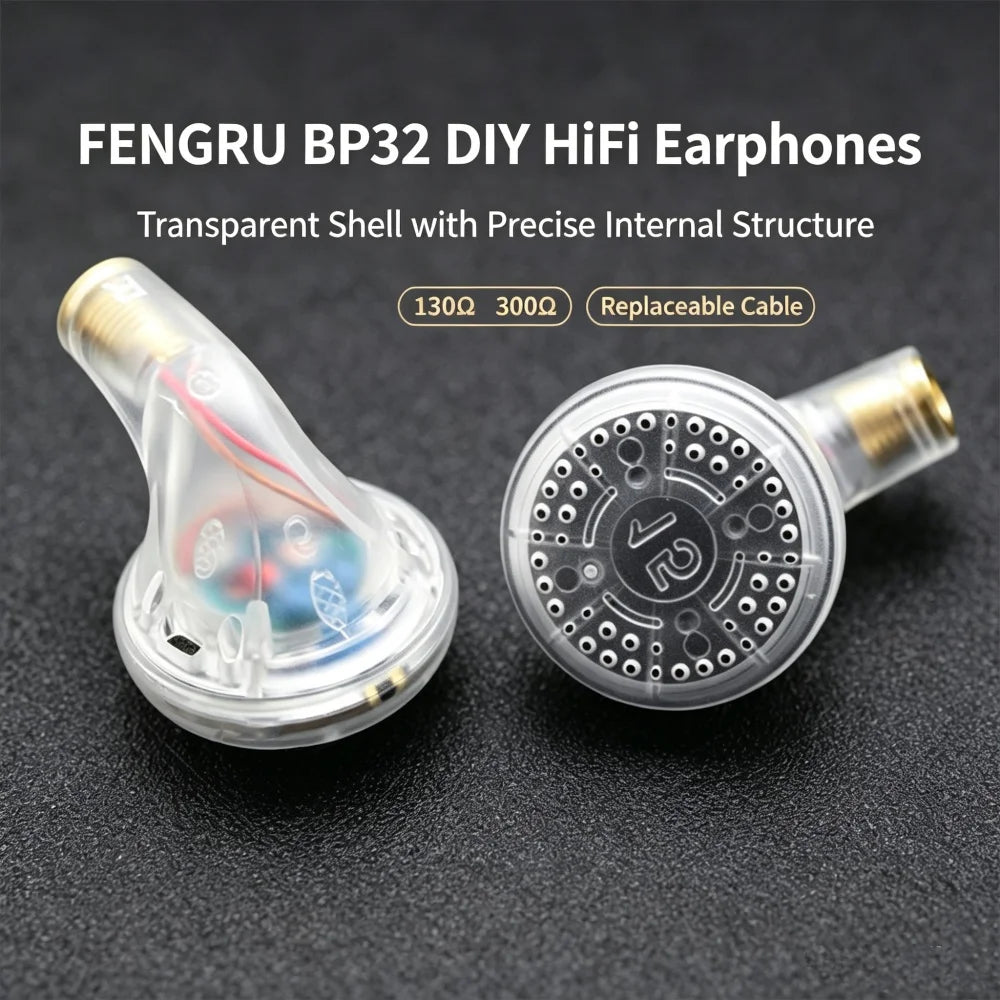 FENGRU BP32 Diy 130 ohm Beryllium Film Driver/300 ohm Carbon Nanotube Film High Impedance Flat Head Earbuds Heavy Bass Earphones