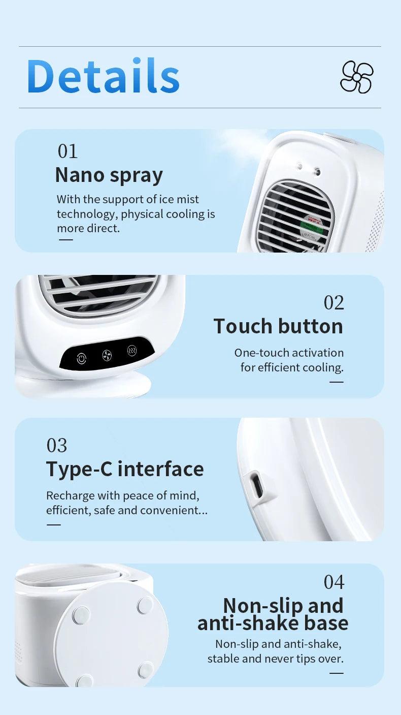 2026 New Portable Home Mini Air Conditioner Fan Spray Cooling Humidifier Desktop Mobile Cold Wind Machine