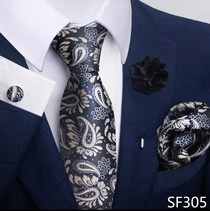 Hot Sale Luxury 8 Cm Blue Floral Ties Pocket Square Cufflinks Brooch Set For Man Suit Accessories Holiday Gift Fit Formal Party