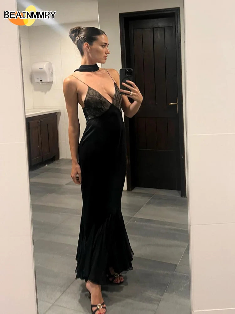 Black Sexy Lace Patchwork Sling Dress Women Chic Sleeveless Off-shoulder Backless Stain Maxi Dresses Lady Evening Dinner Gowns