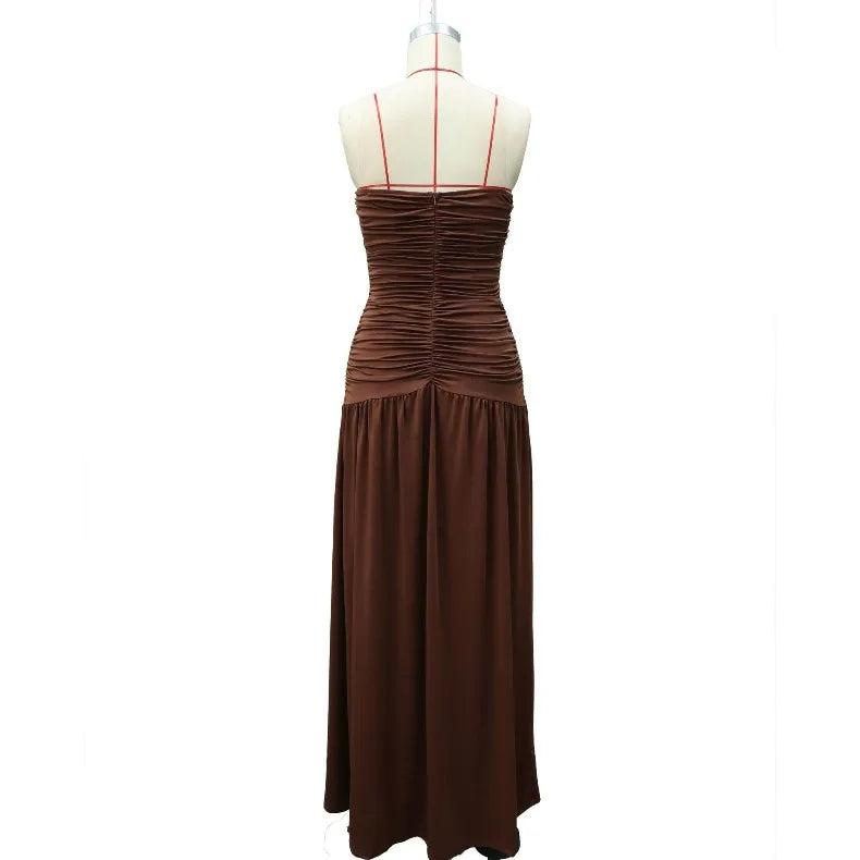 Solid Color Sexy Strapless High Slit Pleated Slim Fit Dress for Birthday Party Dinner Party Graduation Party Dress