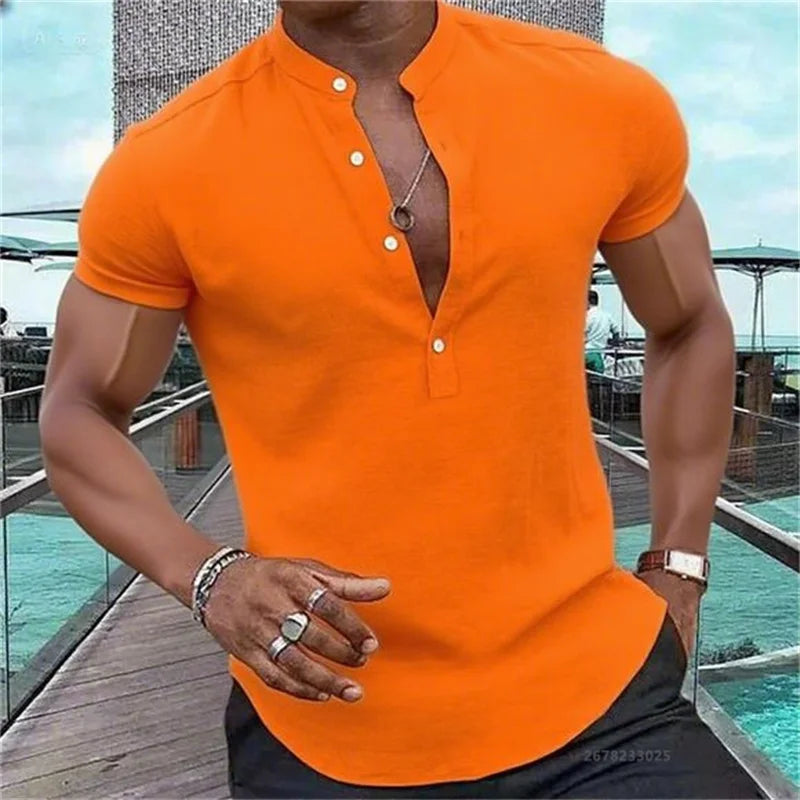 Men's Short-Sleeved Casual Shirt Hawaiian Style Shirt Solid Black Shirt Stand Collar Design Suitable for Beach Vacation XS-5XL