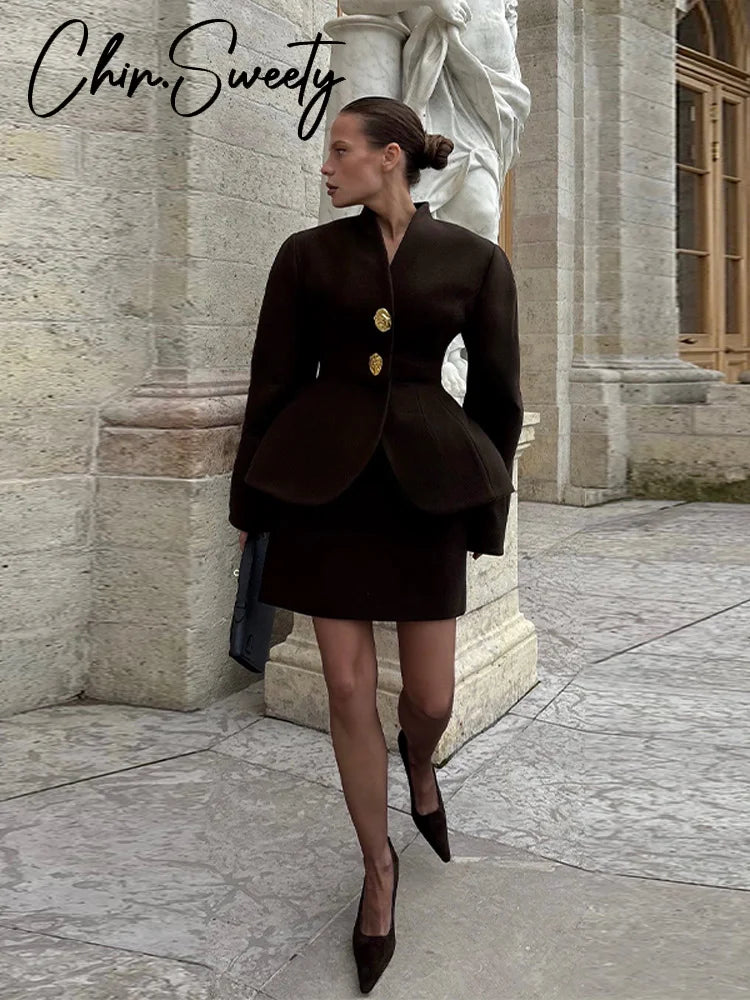 Urban Woolen Coat Skirt Women Set V-neck Long Sleeve Button Jacket Hip Package Skirts 2026 Spring Autumn Elegant Lady Outfit New