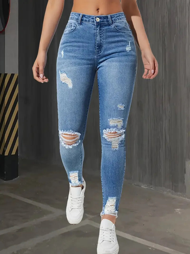 Women's Slim Fit Jeans with Rips Casual Slimming Cone Shaped Mom Jeans Comfortable Stretch Denim Trousers