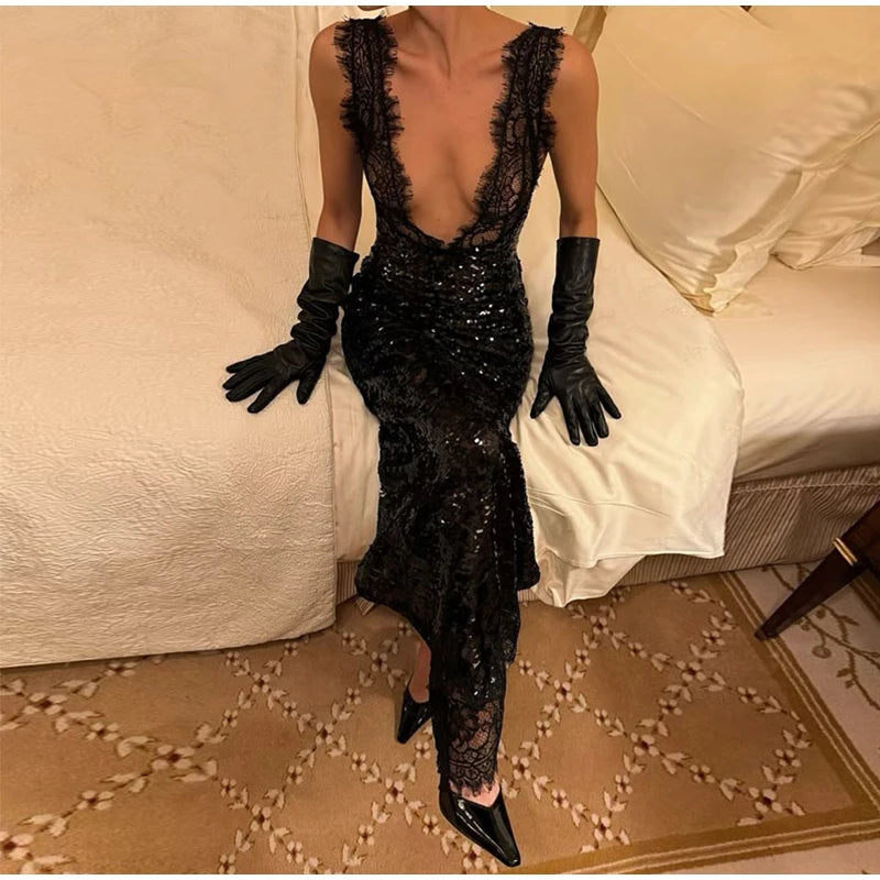 Sexy Deep V-neck Lace Spliced Sequins Long Dress Women Sleeveless Backless Hip Package Slim Dresses 2026 Spring Lady Party Gowns