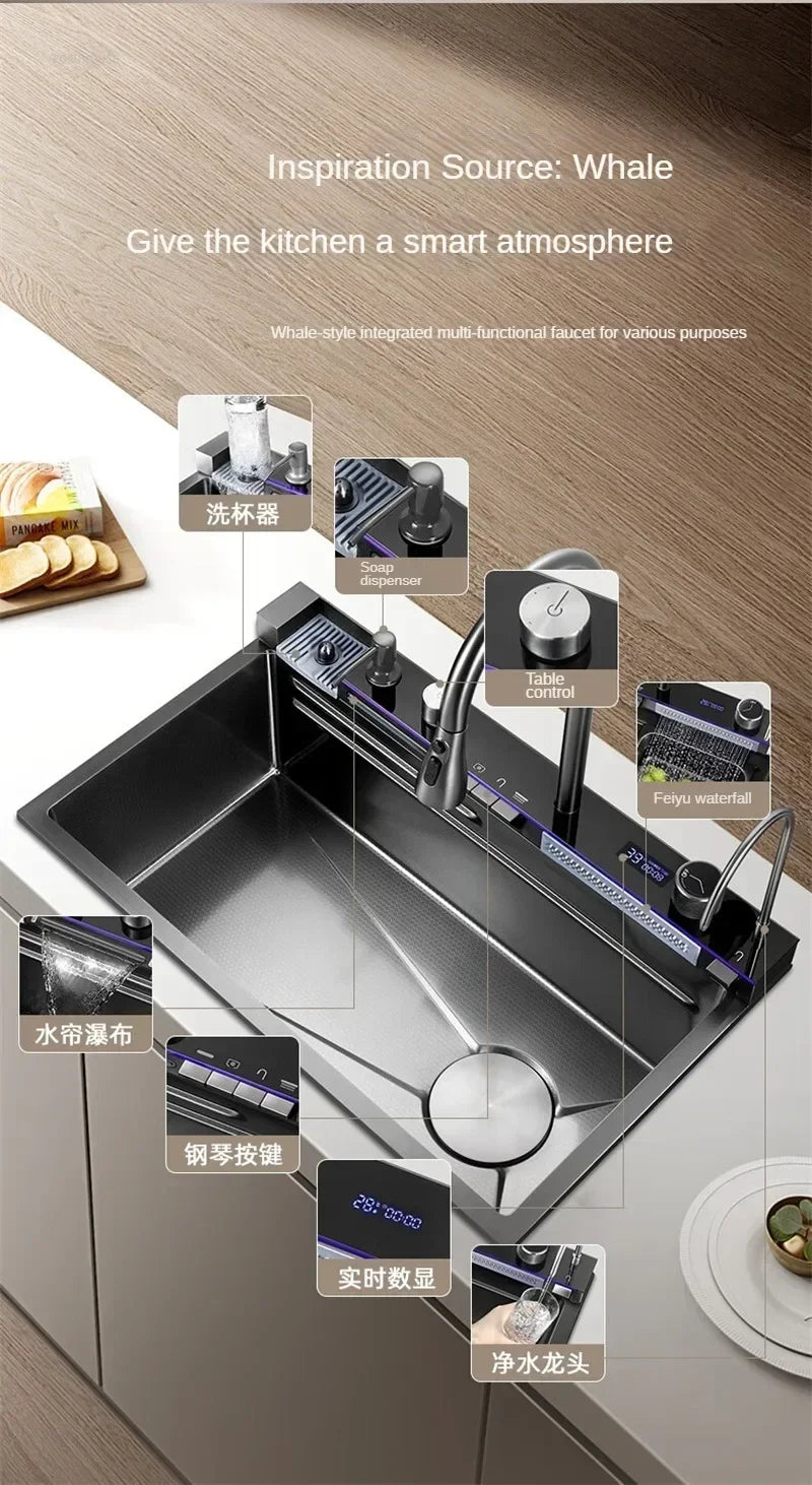 304 Stainless Steel Kitchen Sinks Large Single Bowl Nano Embossed Wash Basin Digital Display Modern Home Station