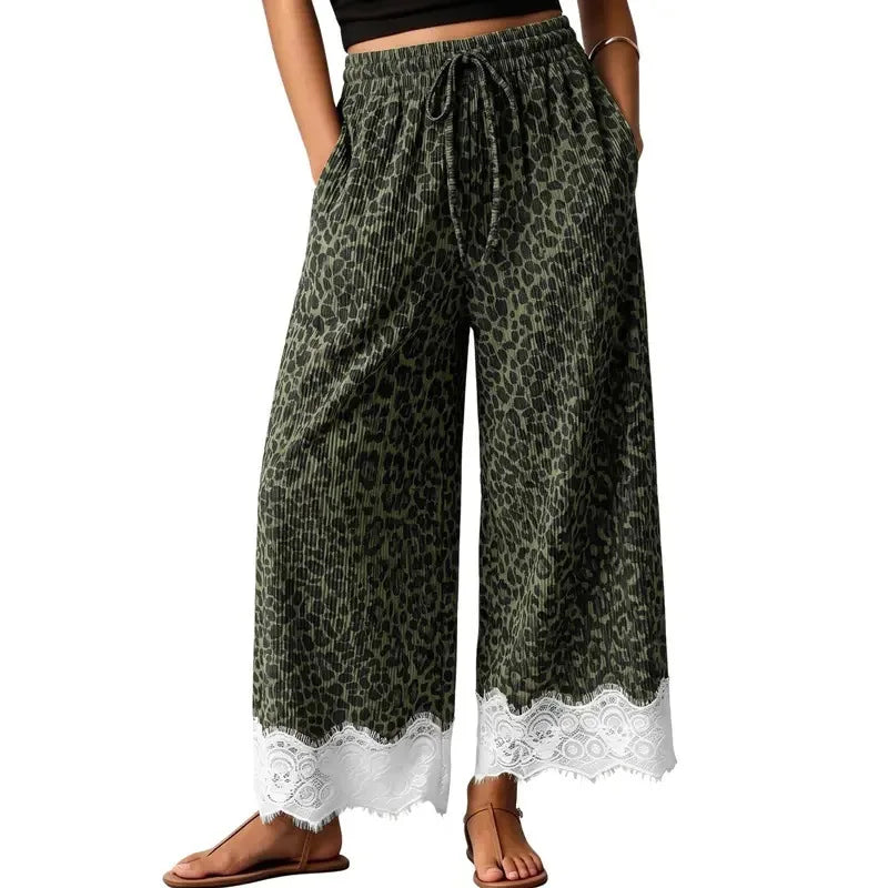 Women Leopard Print Wide Leg Pants Elastic Drawstring Waist Lace Trim Hem Loose Casual Palazzo Trousers With Pockets