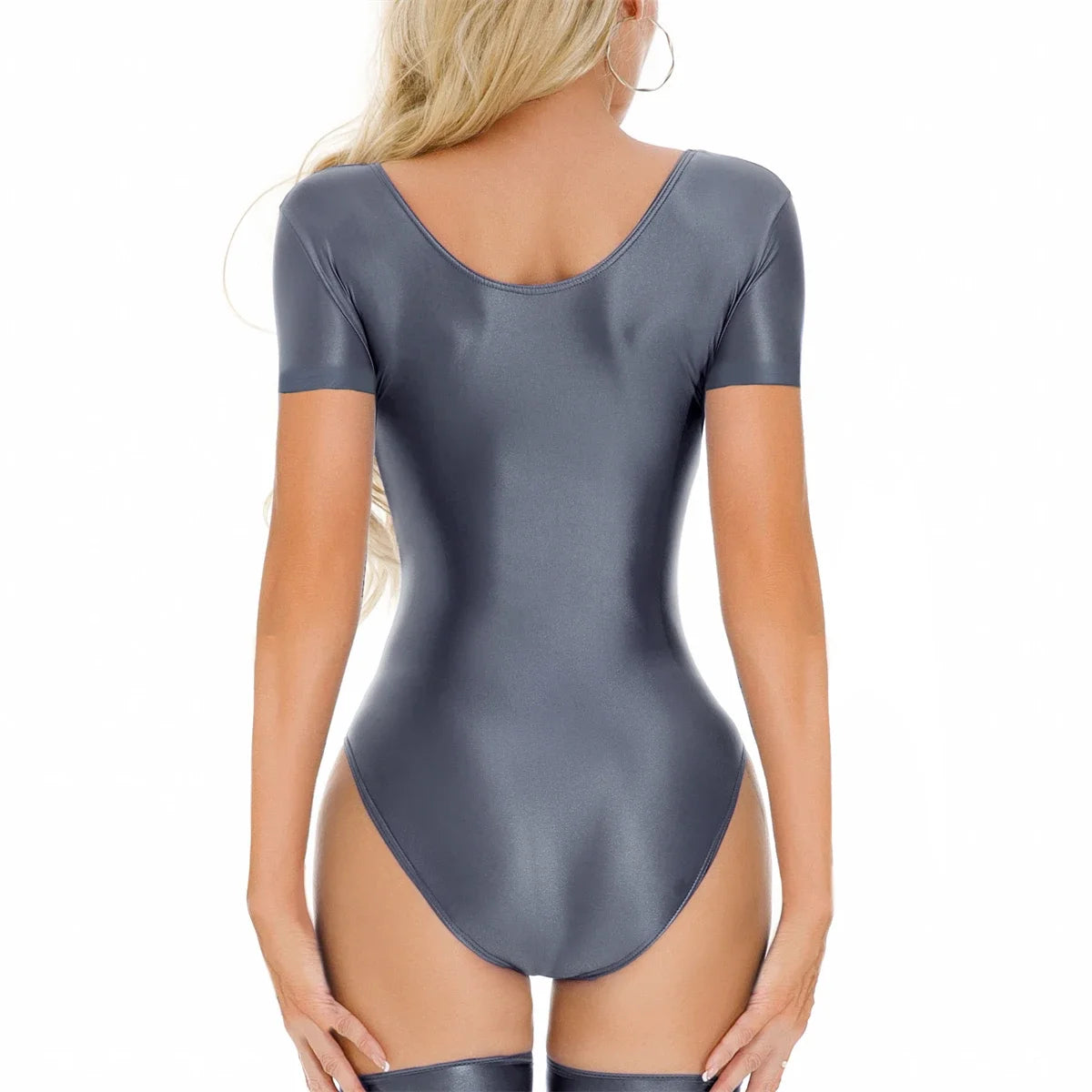Women Sexy Bikini Leotard Solid Color Oil Shiny Smooth Bodysuits Short Sleeve Swimwear Rompers Transparent Yoga Fitness Catsuits