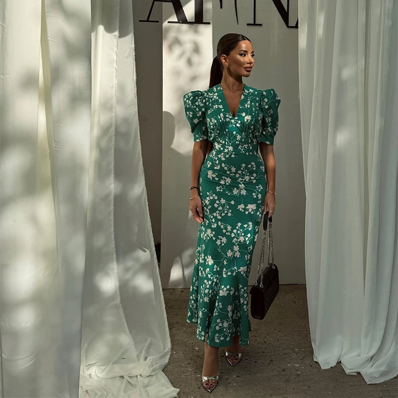 Sexy Deep V-neck Women's Floral Print Dresses 2026 Summer Elegant Waist-cinching Short Sleeve Pleated Long Robes Ladies Dress