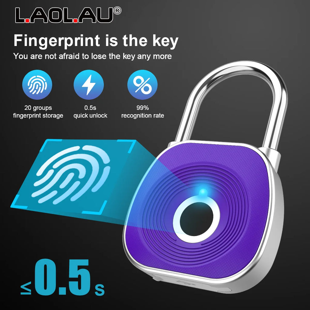 Fingerprint Smart Padlock Keyless Biometric Lock Waterproof USB Rechargeable 0.5s Unlock 20 Fingerprints, Cabinet Luggage Door