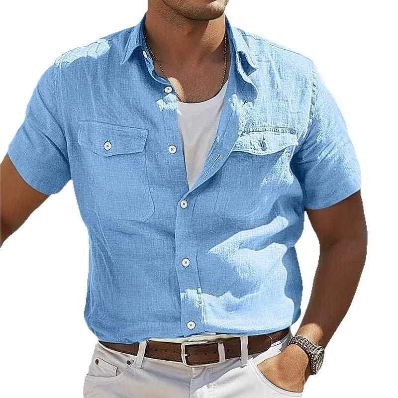 2025 Spring Summer New Casual Shirts Mens Fashion Short Sleeve Button-up Shirt For Men Daily Leisure Solid Color Linen Shirt Top