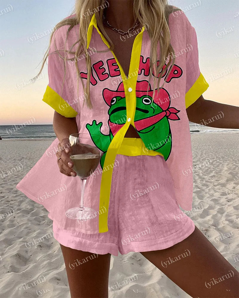 Fashion Women's Beach Holiday 2-Piece Suit Summer Print Short Sleeve Shirt Wide Legs Short Loose Two-Piece Sets Women Outfit
