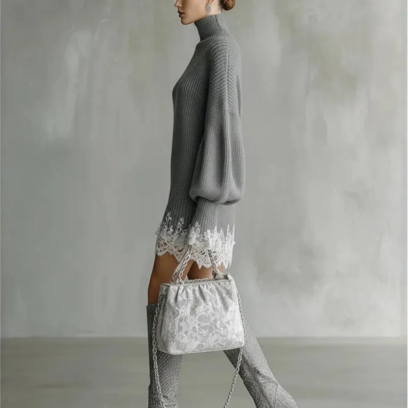 Knitted Sweater Dress For Women Autumn Winter Casual Solid High Neck Dresses Lady Fashion Lace Hem Splicing Loose Mini Vestidos