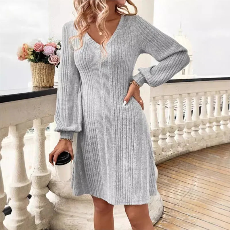 Evening Dress Autumn Winter Knitted Dress Women's V-neck Long-sleeved Slim New Solid Color Dress Vestidos De Mujer Robes Courtes