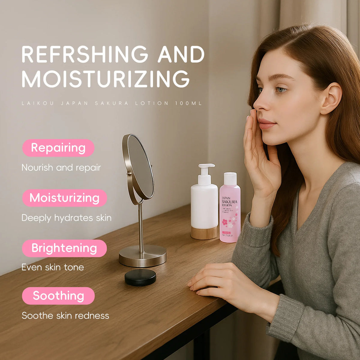LAIKOU Sakura Lotion 100ml Niacinamide HA VC Hydrating Essence Shrink Pores Nourish Skin Brightening Elastic Facial Care