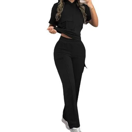 2026 Autumn and Winter Women's Casual Solid Color Hooded T-shirt with Straight Leg Pants Two-piece Set