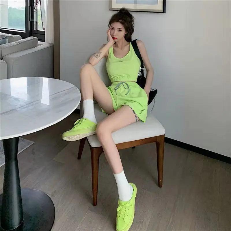 Women's Short Set Summer New Solid Sportswear Tank + Shorts Two Piece Womens Outifits Casual Sport Sets Woman