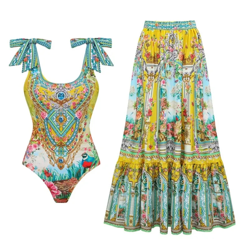 Retro Bikini Printed Fashion Two Piece Swimsuit And Cover Up With Skirt Tight Women's Bandage Summer Beach Luxury Elegant
